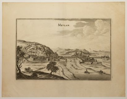  MEULAN-EN-YVELINES. Vue de la ville, Gravure XVIIe (29 x 38 cm) État A