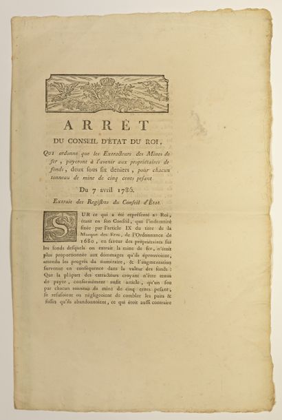 null IRON MINES. 1786. "Arrêt du Conseil d'État du Roi, qui ordonne que les Extracteurs...