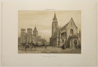 null CALVADOS. CAEN : « Abbaye aux Dames et Église St Gilles. » Lithographie d’Eugène...