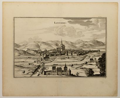  EURE. Vue de la Ville de LOUVIERS, dans ses remparts. Gravure XVIIe de MÉRIAN. « Louviere. »...