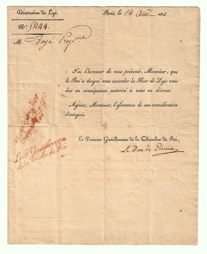 DÉCORATION DU LYS. Lettre signée du Duc de...