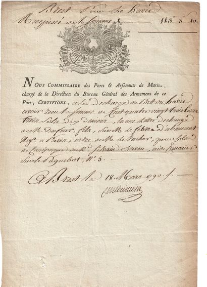 MARINE. BREST (29) 18 Mars 1790. Pièce signée...