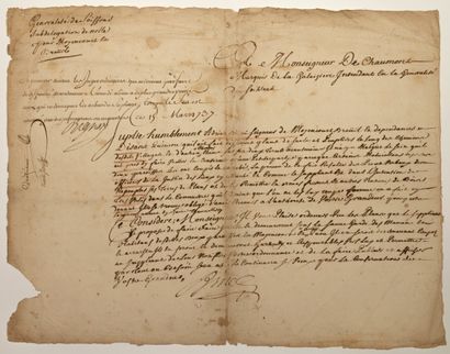 null SOMME. AISNE. 1736. Pièce signée Adrien BINET, Seigneur de MOYENCOURT (80),...