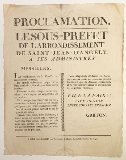 null WAR OF THE VENDÉE. Proclamation of GRIFFON, sub-prefect of SAINT-JEAN-D'ANGELY...