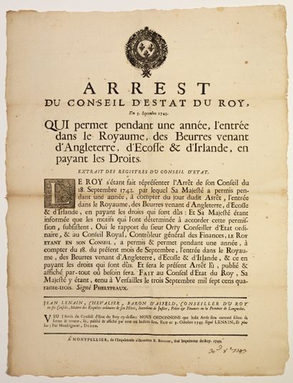 null DOUANE. « Arrêt du Conseil d’État du Roy, du 3 Septembre 1743, qui permet pendant...