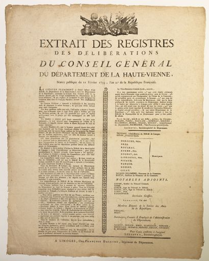 null HAUTE-VIENNE. 1793. Extrait du Conseil général du Département de la Haute-Vienne,...