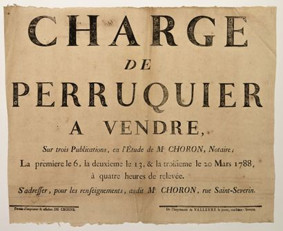 null PARIS " CHARGE DE PERRUQUIER à Vendre, sur trois publications, en l'étude de...