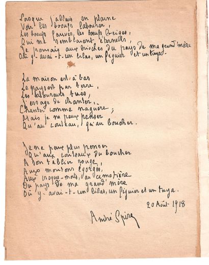 null André SPIRE (Nancy (54) 1868 - 1966) Writer, Poet, Zionist activist. Poem entitled...