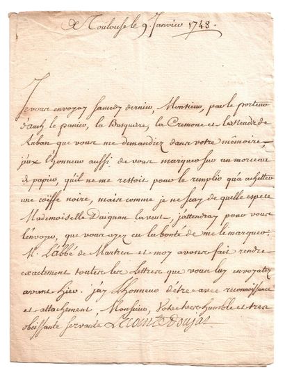 HAUTE-GARONNE. Lettre signée Le Comte DOUJAT,...