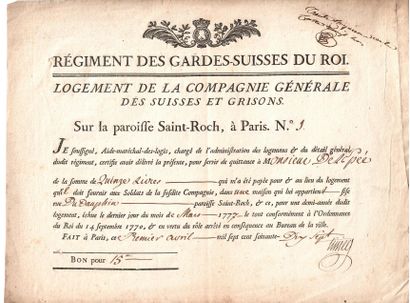 null “RÉGIMENT DES GARDES-SUISSES DU ROI” (En-tête) - Logement de la Compagnie générale...