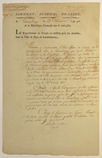 SIÈGE DE LUXEMBOURG (1794-1795). Lettre signée...