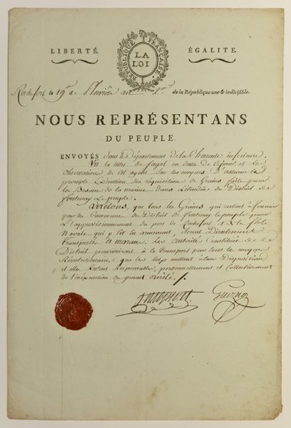 null ROCHEFORT (17) 19 Pluviôse Year 2 (7 February 1794). Piece signed by the Representatives...