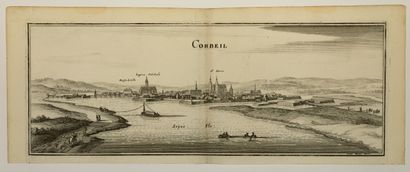 null ESSONNE. View XVIIth of CORBEIL, Engraved by MÉRIAN (15 x 37,5 cm) Condition...