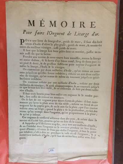 null [PHARMACIE] Mémoire pour faire l’onguent de Litarge d’or. Vers 1760. Un feuillet...