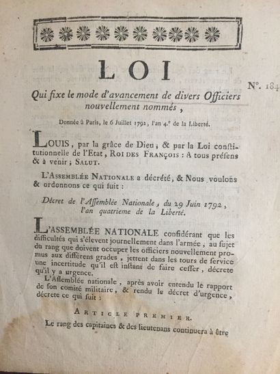 null FRENCH REVOLUTION: Army: Collection of 6 printed documents, in-4: -Loi relative...