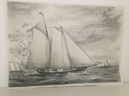 null COLLOT (André) 1897-1976: Marine: Sailing ship at sea. Large pencil drawing...