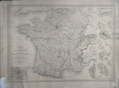 null VUILLEMIN: Carte physique, administrative et routière de la France. 1852. Grande...