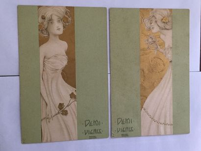 null Raphaël KIRCHNER: 2 Cartes lithographiées d'époque Art Nouveau : Demi-Vierge....