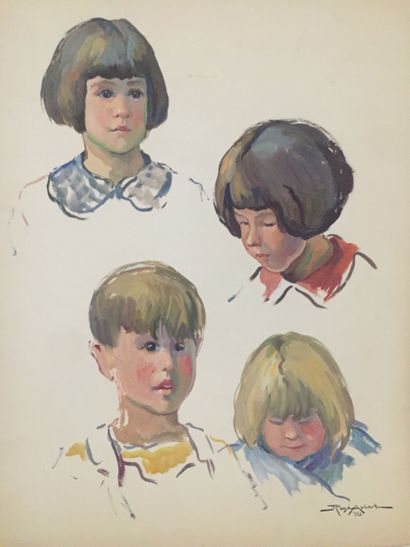 null AUBERT René (1894-1977), peintre versaillais: Portraits d'enfants. Gouache sur...