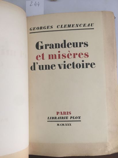 null CLEMENCEAU (G.): Grandeurs et misères d'une victoire. Plon, 1930. Grand in-8...