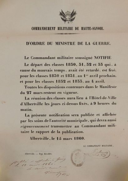 null SAVOIE - Réunion de 4 placards: 1/Départ des classes 1830, 31, 32 et 33, Commandemant...