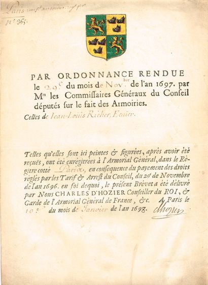 null REGNE DU ROI LOUIS XIV - Charles d'HOZIER (1640-1732, Conseiller du Roi, généalogiste,...