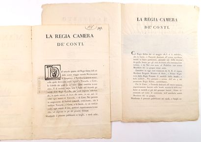 null CARTES A JOUER – Italie / Ensemble de 2 décrets imprimés, chaque 4 p in-4, Turin...