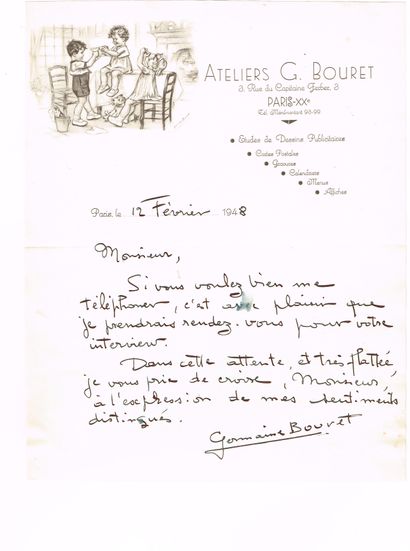 null Germaine BOURET (1907-1953, Illustratrice) / Lettre autographe signée, 1 p in-4,...