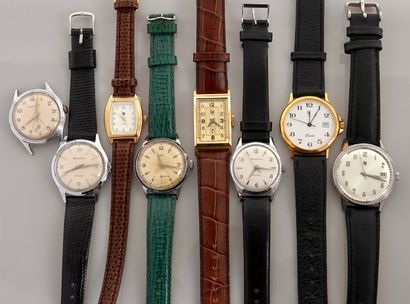 null 
LIP




Lot de 8 montres de dame des années 1970 avec boitiers acier et plaqué,...