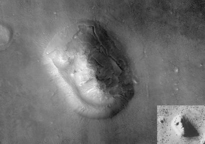 null View of the famous "Face of Mars" captured in 1979 by the Viking 1 probe, suggesting...