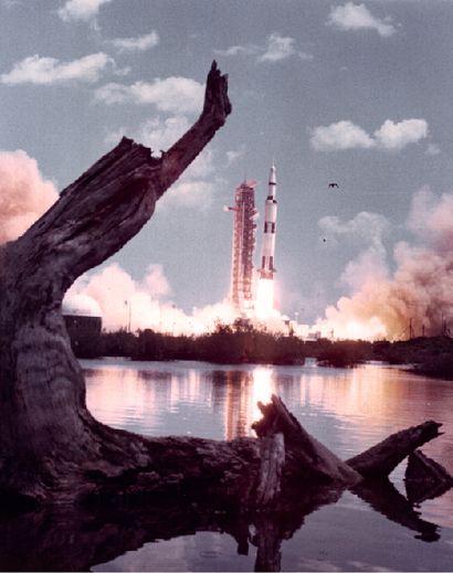 null Nasa. Famous Apollo 16 rocket liftoff as seen from the Cape Canavera swamp on...