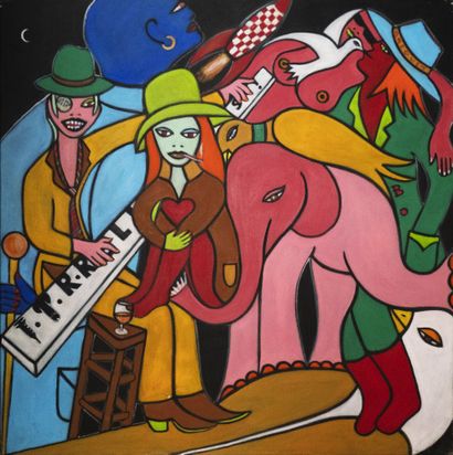 Bo BREGUET (1951-2009) Group of characters with hats, circa 2006
Acrylic on canvas
Signed...
