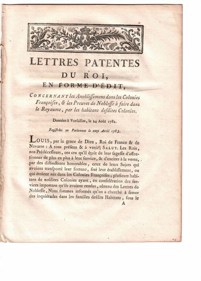 null 190 - LA NOBLESSE DES COLONIES. "Lettres patentes du Roi, en forme d'Édit, concernant...