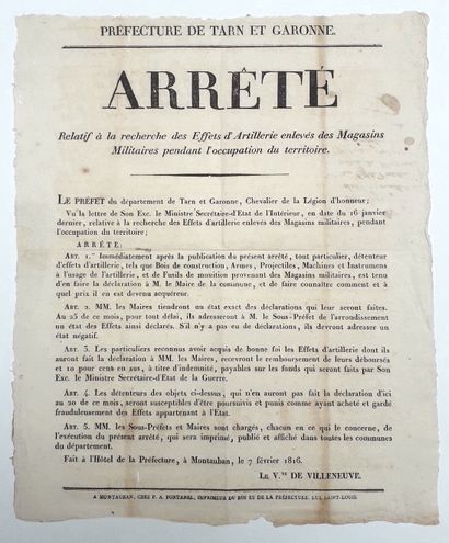 null 338 – TARN-ET-GARONNE. 1816. Arrêté du Vicomte de VILLEMEUVE, Préfet de Tarn-et-Garonne,...