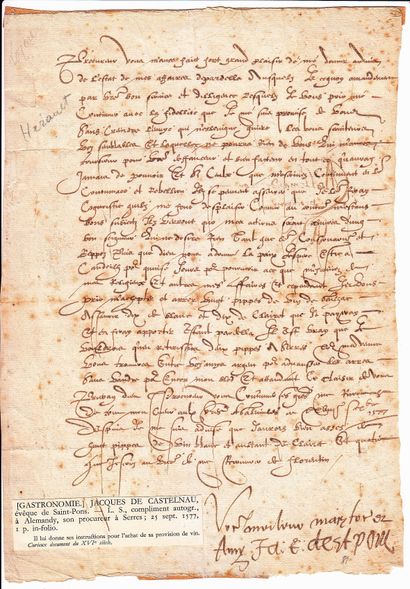 null 16 - HÉRAULT. Letter signed by Jacques de CASTELNAU, bishop of SAINT-PONS, for...