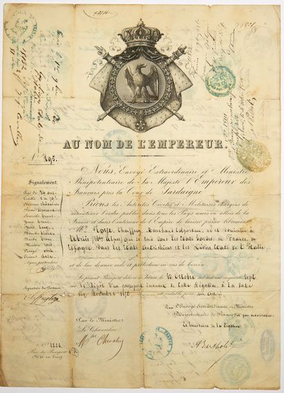 null 474 - TURIN (SARDAIGNE) le 10 Octobre 1857. PASSEPORT délivré par la Ministre...