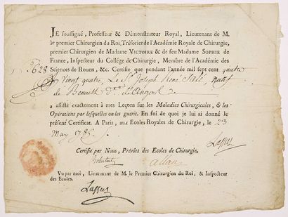null 193 - CHIRURGIEN DU ROI. 1785 : Pièce signée LASSUS Professeur et Démonstrateur...
