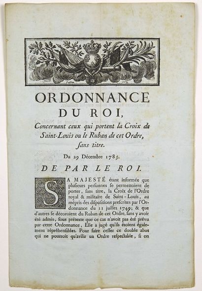 null 195 - CROIX DE SAINT LOUIS. 1785. DÉCORATION. « Ordonnance du Roi, concernant...