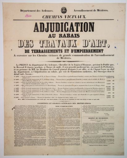 null 458 - ARDENNES. 1850. Arrondissement de MÉZIÈRES. CHEMINS VICINAUX : 1°) Adjudication...