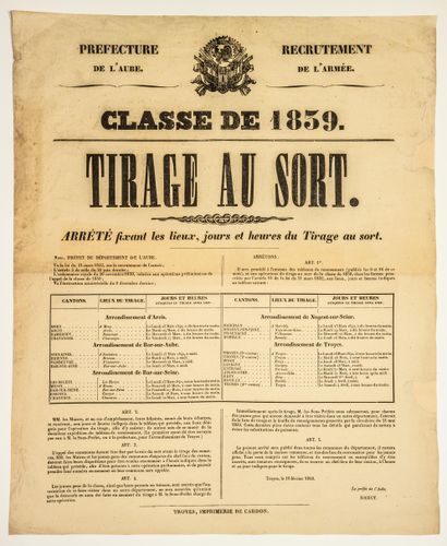 null 415 - AUBE. ARMÉE. TIRAGE AU SORT DES CONSCRITS. TROYES, le 10 Février 1840...