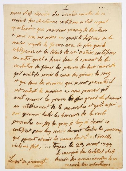null 251 - MARINE. 1794. ARMÉE DES PRINCES. Certificat autographe signé « le Marquis...