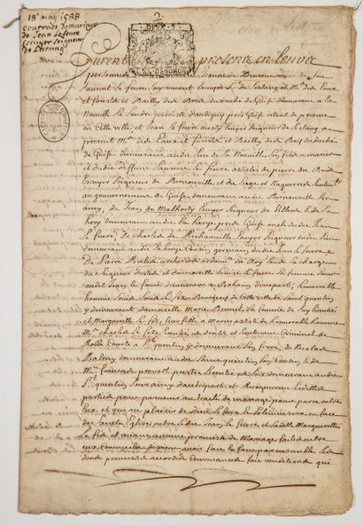 null 23 - AISNE. 1588: Marriage contract of Jean LEFEBVRE, Ecuyer Lord of L'ESTANG,...