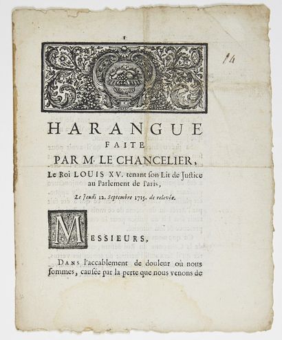 null 103 - LOUIS XV ROI DE FRANCE - “HARANGUE faite par M. le Chancelier, le Roi...