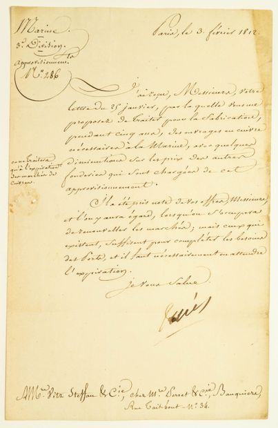 null 315 - MARINE. 1812. Lettre signée Denis DÉCRES (1761-1820) Ministre de la Marine....