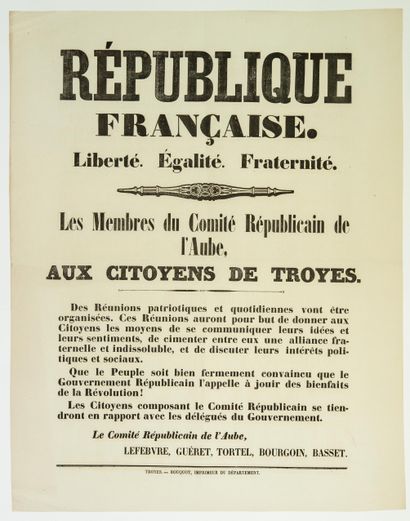 null 433 - AUBE. RÉVOLUTION DE FÉVRIER 1848 : Adresse des Membres du COMITÉ RÉPUBLICAIN...