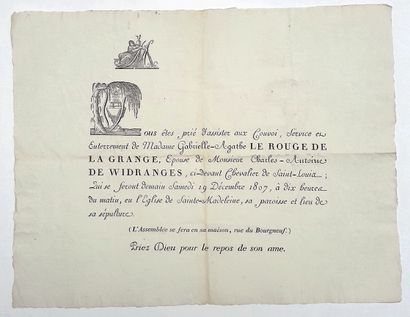 null 304 – PARIS 1807. Placard mortuaire de « Madame Gabrielle-Agathe LE ROUGE DE...