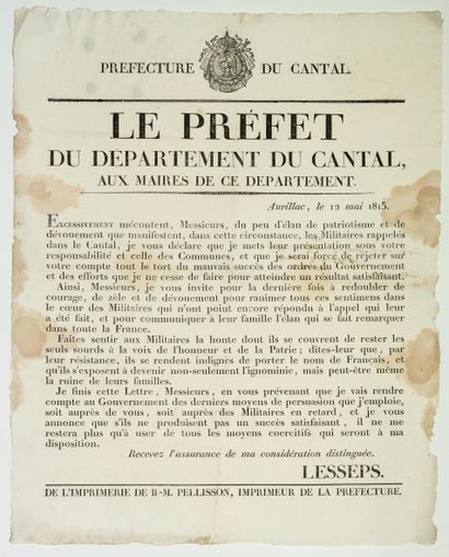 null 329 - CANTAL. 1815. Adresse de LESSEPS Préfet du CANTAL, aux Maires de ce Département....