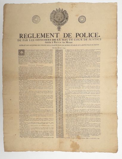 null 118 – ARDENNES. 1743. REVIN SUR MEUSE. « RÉGLEMENT DE POLICE. De par les officiers...