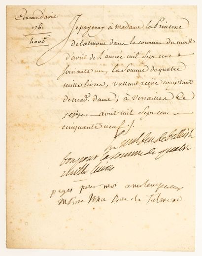 null 146 – PRINCESSE DE TALMONT. Billet signée du Maréchal Duc de BELLE-ISLE, avec...