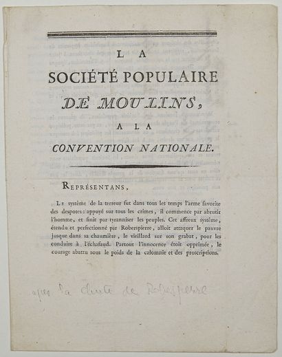 null 252 - (ALLIER) Adresse Imprimée de la SOCIÉTÉ POPULAIRE DE MOULINS à la Convention...